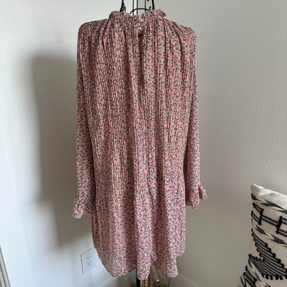 Melloday Pink Floral Pleated Long Sleeve Swing Mini Dress Small - Picture 3 of 8